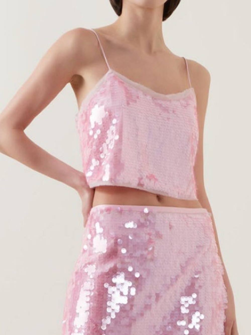 LoveShackFancy Pink Sequin Spaghetti-Strap Crop Camisole